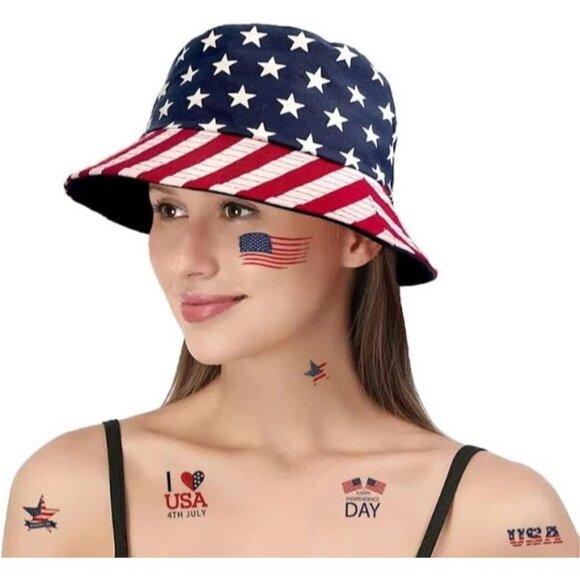 American Flag Bucket Cap Hat Stars and Stripes In Red White - Picture 1 of 5